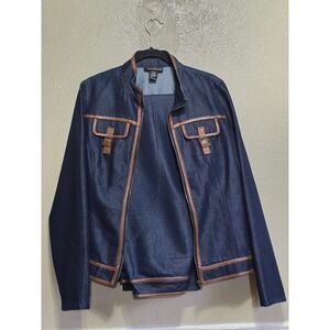 MetroStyle Womens Denim Jacket/pants suit Faux Leather Trim Size 14T Blue casua